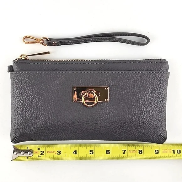 Love & Lore Wristlet Clutch Dark Grey Gold Tone Hardware Top Zip Closure - Picture 15 of 16